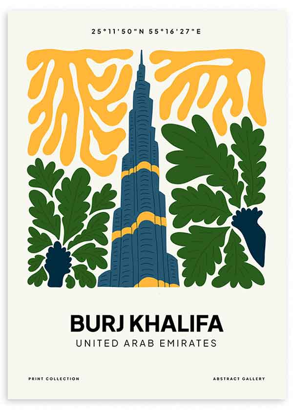Cuadro con Burj Khalifa en azul oscuro, hojas verdes, formas orgánicas amarillas, fondo claro y composición urbana de estilo ilustración. Disponible en kudeko.com