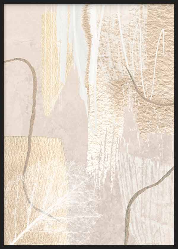 Cuadro con composición abstracta de formas orgánicas, texturas suaves, líneas curvas y tonos marfil, beige arena y gris topo, de estilo abstracto. Disponible en kudeko.com