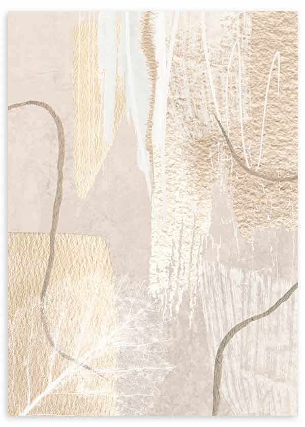 Quadro com composição abstrata de formas orgânicas, texturas suaves, linhas curvas e tons de marfim, bege areia e cinzento taupe, num estilo abstrato depurado. Disponível em kudeko.com