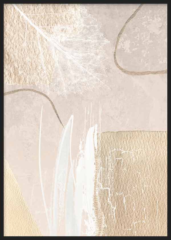 Cuadro con composición abstracta en tonos marfil, beige arena y blanco, con formas orgánicas, líneas curvas y textura suave de estilo abstracto. Disponible en kudeko.com