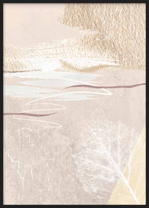Quadro com composição abstrata em tons de marfim, bege areia e branco pérola, texturas suaves, linhas orgânicas e folha translúcida de estilo depurado. Disponível em kudeko.com