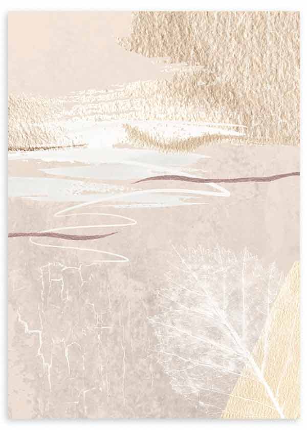 Wandbild mit abstrakter Komposition in Elfenbein, Sandbeige und Off-White, sanften Texturen, organischen Linien und transparentem Blatt in reduziertem Stil. Erhältlich auf kudeko.com