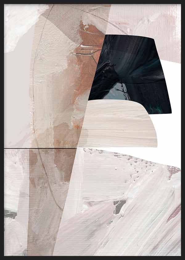 Tableau encadré avec formes abstraites superposées en beige, sable, blanc cassé et noir, composition géométrique au style contemporain et épuré. Disponible sur kudeko.com