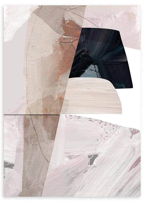 Cuadro con formas abstractas superpuestas en beige, arena, blanco roto y negro intenso, con composición geométrica y estilo abstracto. Disponible en kudeko.com