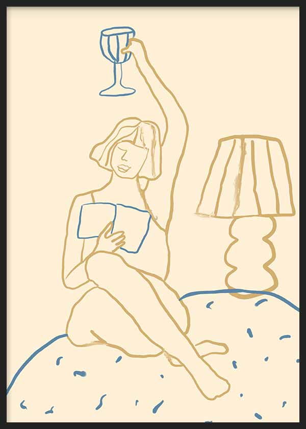 Cuadro de ilustración de mujer sobre la cama leyendo. Una obra en tonos beige, y trazos azul y verde.