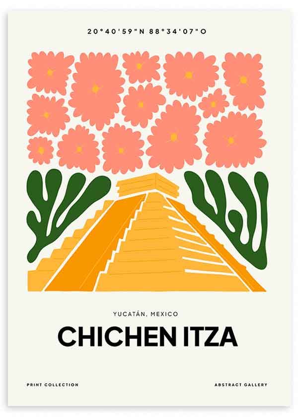 Cuadro de Chichén Itzá con pirámide amarilla, flores coral, formas vegetales verdes y composición gráfica de estilo ilustración. Disponible en kudeko.com