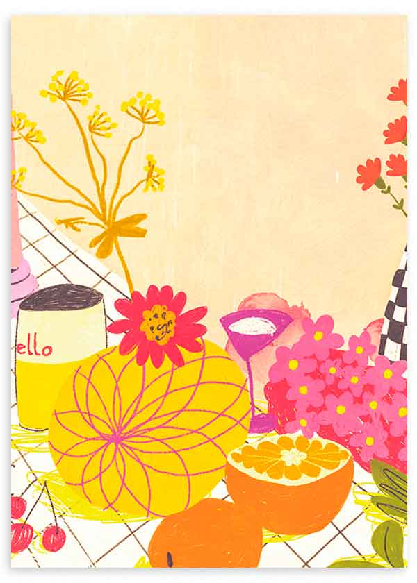 Cuadro de ilustración floral colorida y vintage; flores y frutas sobre mesa. Una obra para amantes del color que no pasará desapercibida en tus paredes