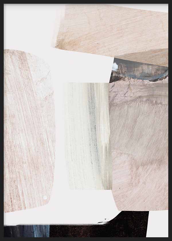 Tableau avec composition abstraite de blocs beige, crème, rose poudré, gris fumée et noir, formes superposées et contraste doux dans un style contemporain. Disponible sur kudeko.com