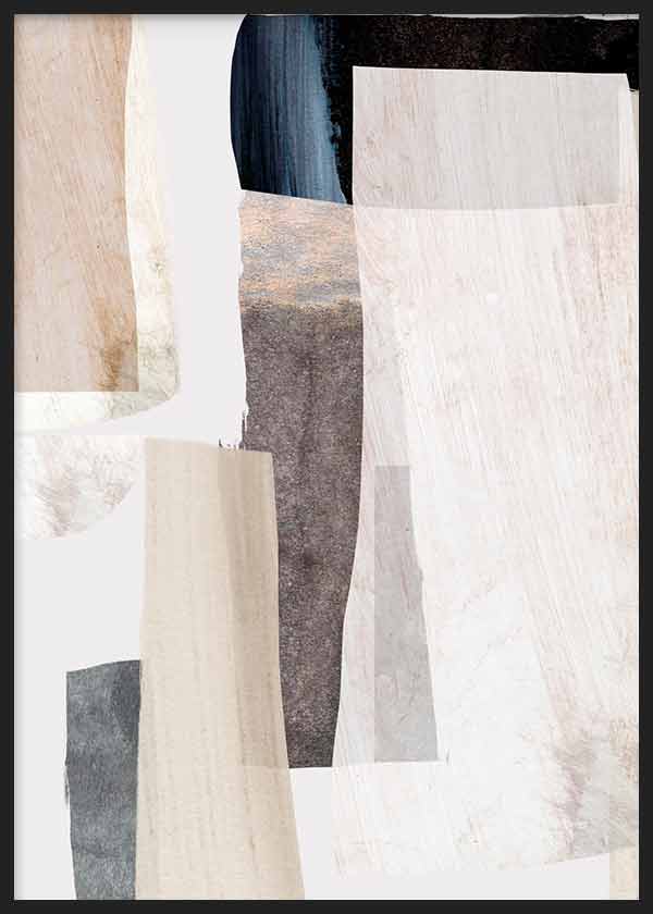 Tableau avec composition abstraite de formes organiques superposées en beige, crème, gris pierre et noir, au contraste doux et au style contemporain. Disponible sur kudeko.com