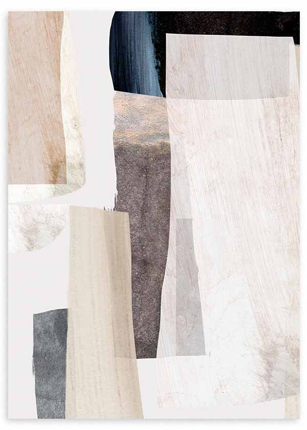 Quadro com composição abstrata de formas orgânicas sobrepostas em bege, creme, cinzento pedra e preto, com contraste suave e estilo contemporâneo. Disponível em kudeko.com
