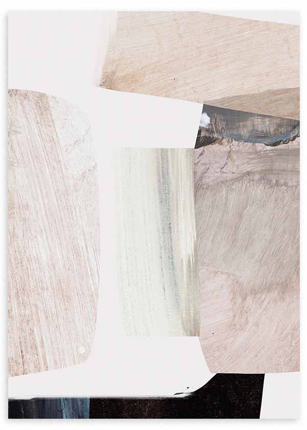 Tableau avec composition abstraite de blocs beige, crème, rose poudré, gris fumée et noir, formes superposées et contraste doux dans un style contemporain. Disponible sur kudeko.com