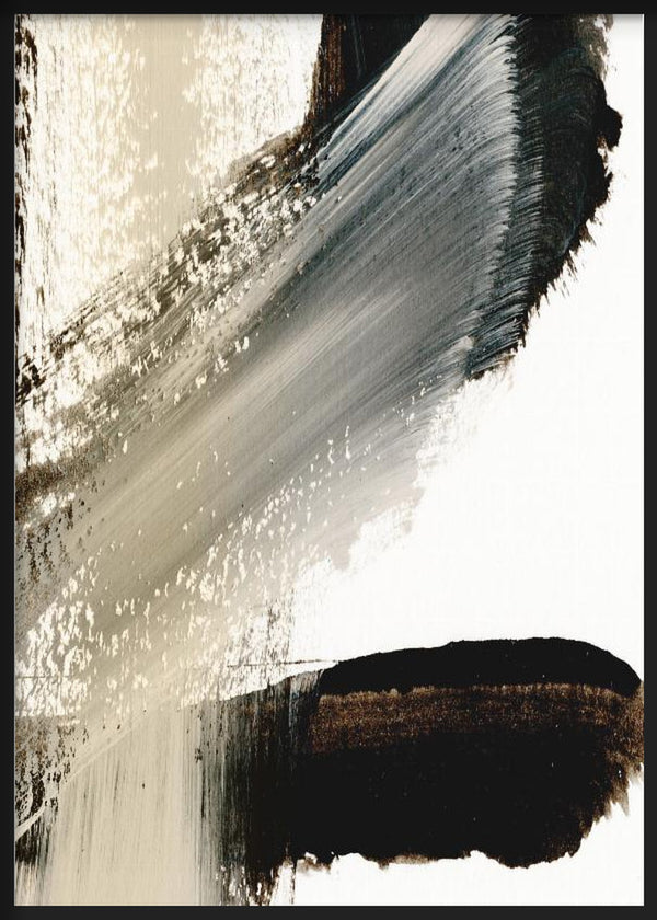 Cuadro con composición abstracta de trazos amplios en negro, gris, beige y blanco roto, con contraste suave y estilo abstracto contemporáneo. Disponible en kudeko.com
