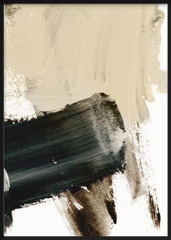 Cuadro abstracto con gran mancha negra central, fondo beige y blanco, acentos grises y composición sobria de estilo minimalista. Disponible en kudeko.com