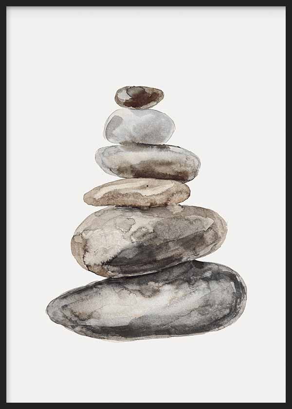 Cuadro de piedras apiladas en equilibrio, en tonos gris, beige, marrón y negro, con fondo blanco y estilo minimalista. Disponible en kudeko.com