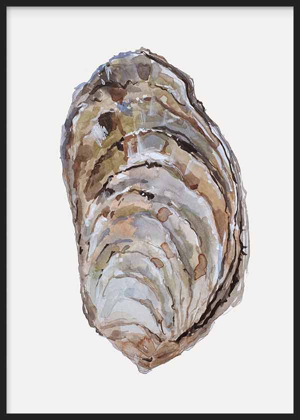 Quadro com ostra marinha em bege, castanho, cinzento suave e branco, com formas orgânicas sobre fundo claro e estilo de ilustração. Disponível em kudeko.com