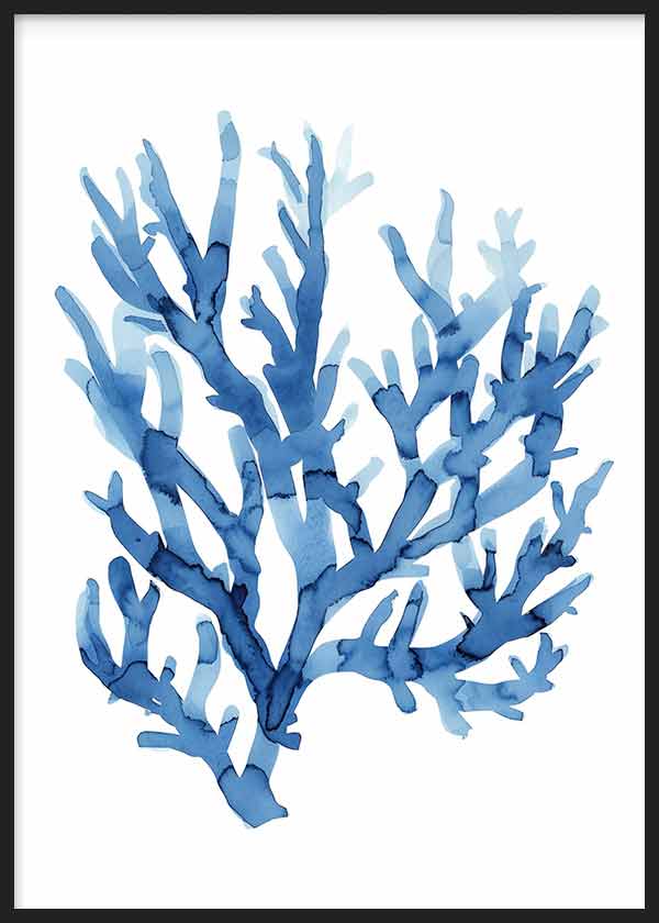 Cuadro de coral marino ramificado en tonos azul celeste y azul profundo sobre fondo blanco, con composición limpia de estilo naturaleza y paisajes. Disponible en kudeko.com