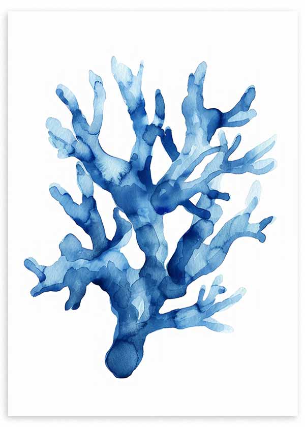 Cuadro de coral marino en tonos azul intenso y celeste sobre fondo blanco, con forma orgánica y estilo ilustración. Disponible en kudeko.com