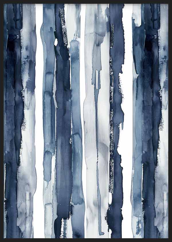 Cuadro con franjas abstractas irregulares en azul marino, azul gris y blanco, de composición fluida y estilo abstracto. Disponible en kudeko.com