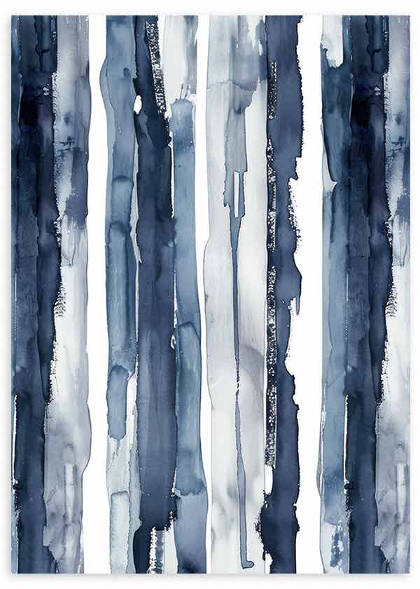 Tableau avec bandes abstraites irrégulières en bleu marine, bleu gris et blanc, composition verticale fluide sur fond clair, style abstrait contemporain. Disponible sur kudeko.com