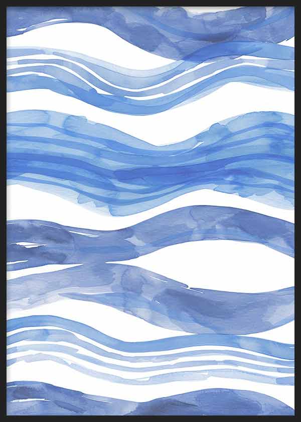 Cuadro con líneas onduladas en azul cobalto, azul medio y azul claro sobre fondo blanco, composición fluida de estilo abstracto. Disponible en kudeko.com