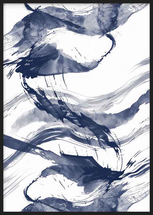 Cuadro con composición abstracta de formas fluidas y trazos en azul marino, azul grisáceo y blanco, de estilo abstracto. Disponible en kudeko.com