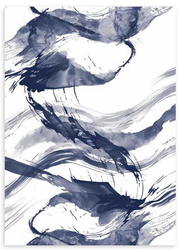 Tableau avec composition abstraite de formes fluides et lignes enveloppantes en bleu marine, bleu gris et blanc, dans un style abstrait contemporain et épuré. Disponible sur kudeko.com