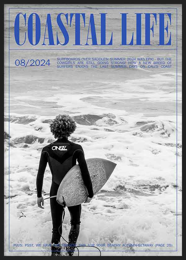 Cuadro con frases que imita la portada de una revista costera en tonos neutros y azul con surfista – kudeko.com