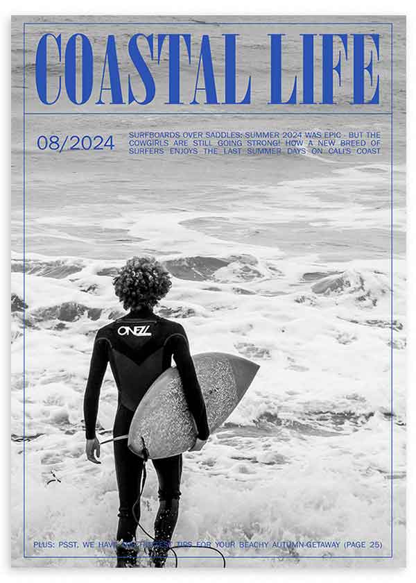 Cuadro con surfista de espaldas frente a olas del mar, fondo en blanco y negro, tipografía azul destacada y estilo fotográfico editorial. Disponible en kudeko.com