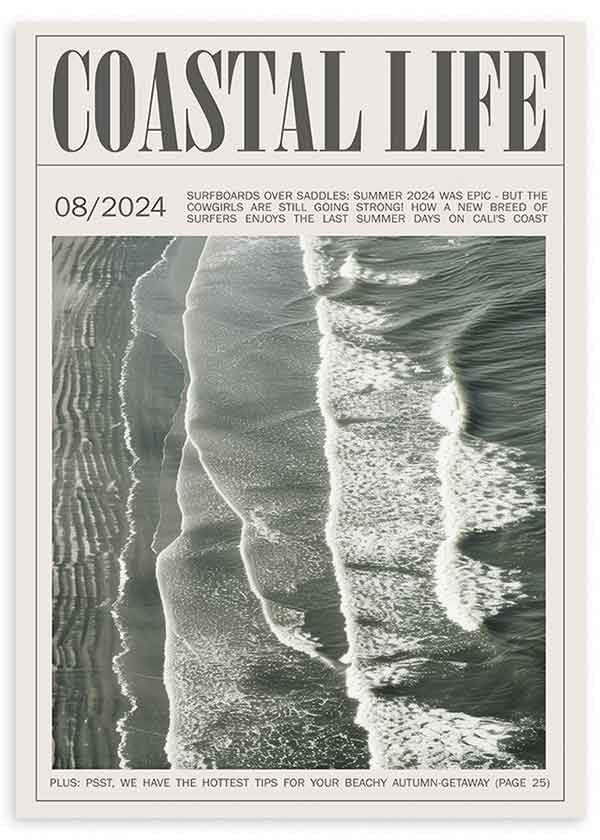 Quadro de capa editorial com vista aérea de ondas a rebentar na margem, em tons de cinzento esverdeado, branco e preto suave, com estilo fotográfico contemporâneo. Disponível em kudeko.com