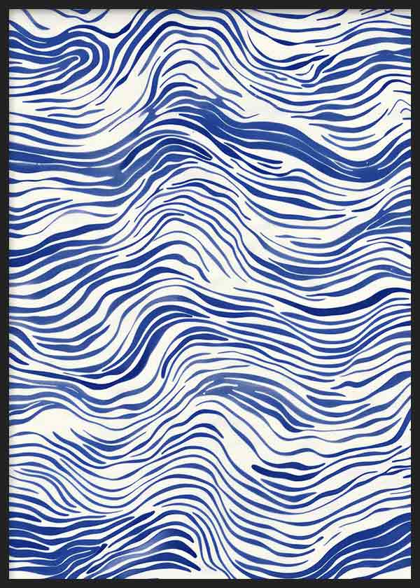 Cuadro de ondas fluidas azules sobre fondo blanco, con líneas orgánicas de ritmo marino y composición abstracta de alto contraste. Disponible en kudeko.com