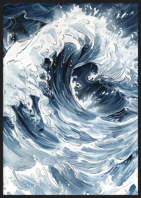 Wandbild einer großen Meereswelle mit weißem Schaum, Wasserwirbeln in Marineblau und bläulichem Grau, im Natur- und Landschaftsstil gerahmt. Erhältlich auf kudeko.com
