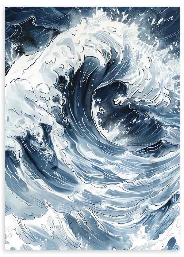 Cuadro vintage con ilustración de olas en tonos azul y blanco – kudeko.com