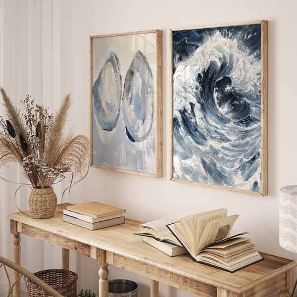 Cuadro vintage con ilustración de olas en tonos azul y blanco – kudeko.com