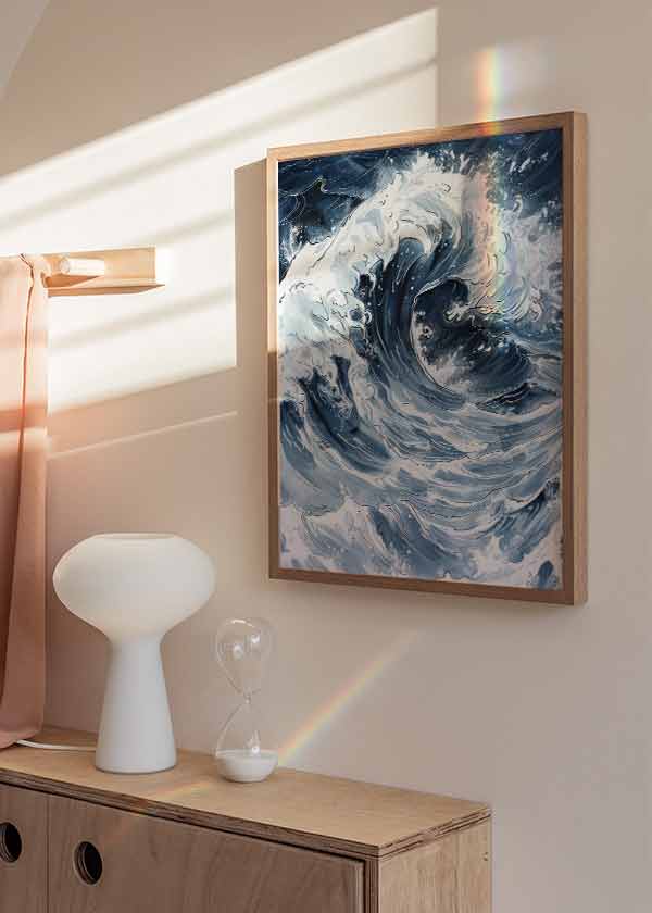 Cuadro vintage con ilustración de olas en tonos azul y blanco – kudeko.com