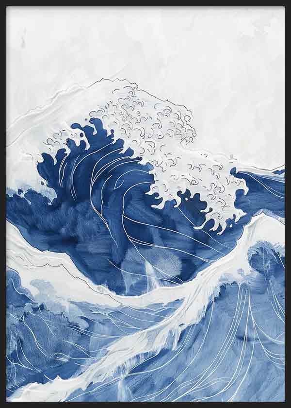 Cuadro de gran ola marina con espuma blanca, tonos azul profundo y azul claro, composición dinámica y estilo naturaleza y paisajes. Disponible en kudeko.com