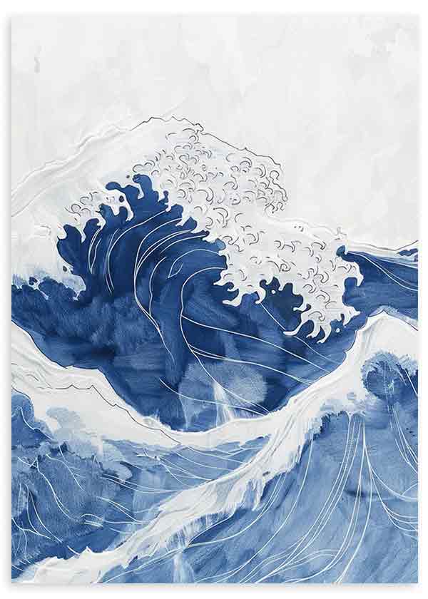 Cuadro vintage con ilustración de olas en tonos azul y blanco – kudeko.com