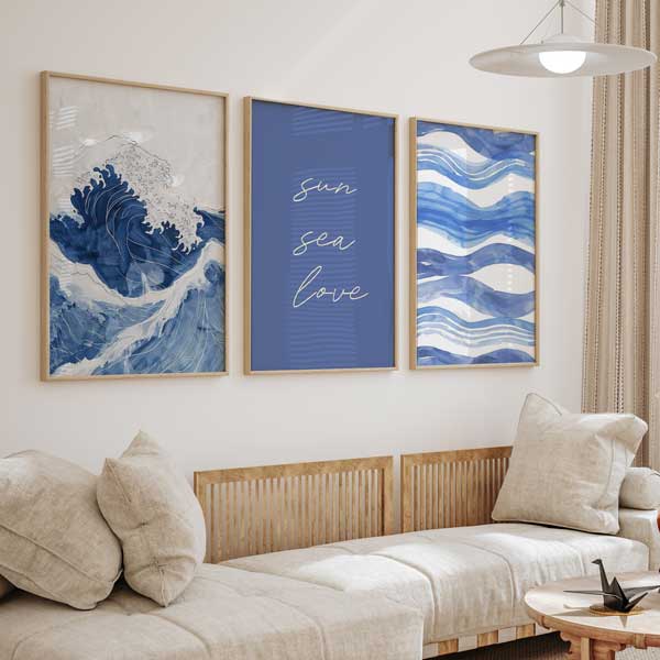 Cuadro vintage con ilustración de olas en tonos azul y blanco – kudeko.com