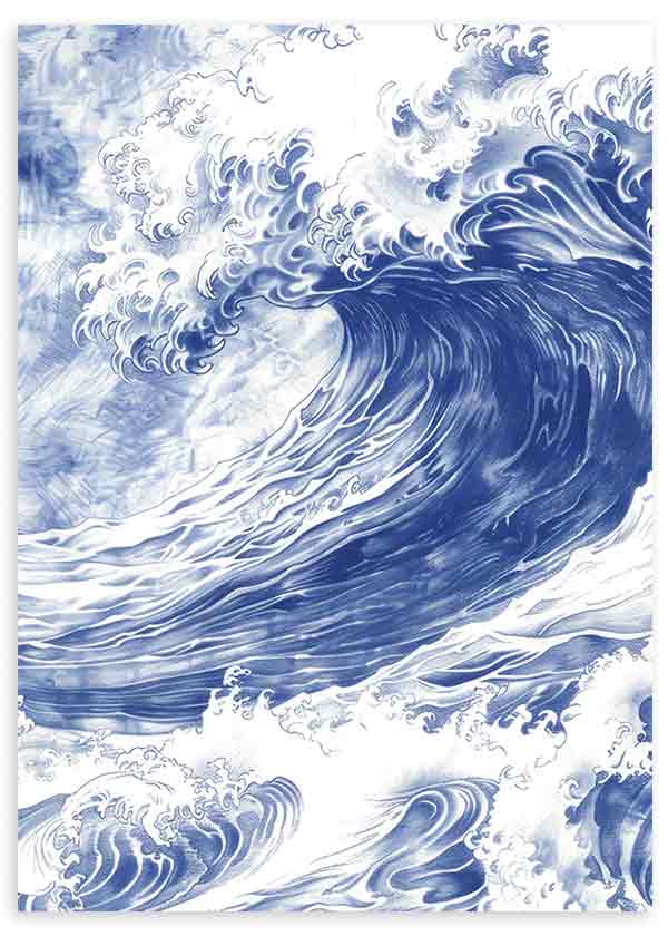 Tableau encadré avec grande vague marine, écume blanche, tourbillons fluides, tons bleu cobalt, bleu doux et style vintage sur fond clair. Disponible sur kudeko.com