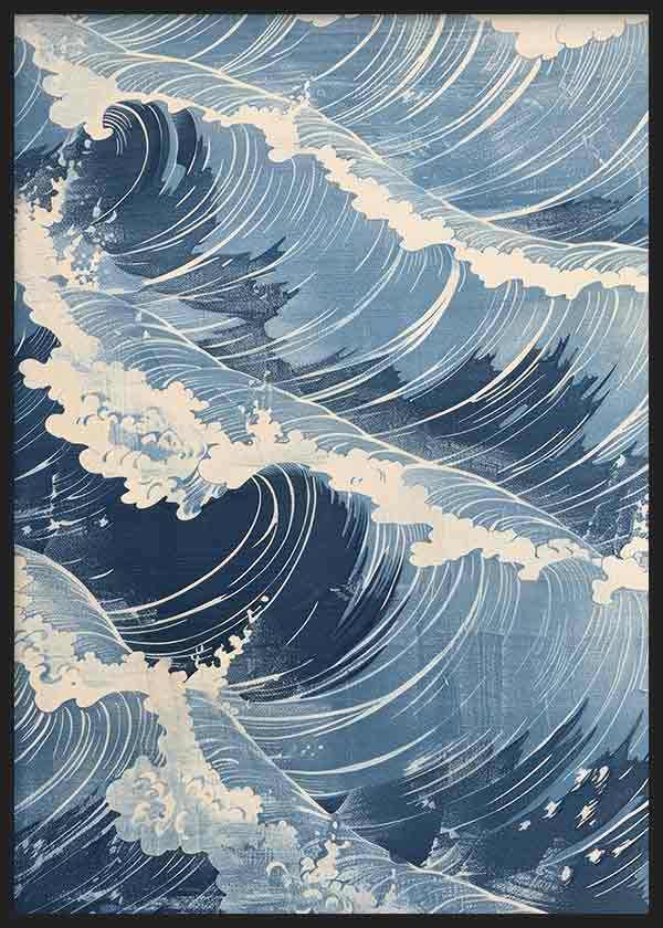 Quadro emoldurado com ondas do mar em movimento, espuma branca, azuis profundos, azul celeste, nuances creme e estilo vintage decorativo. Disponível em kudeko.com