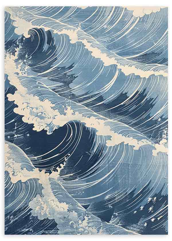 Tableau encadré représentant des vagues marines en mouvement avec écume blanche, bleus profonds, bleu ciel, nuances crème et style vintage. Disponible sur kudeko.com
