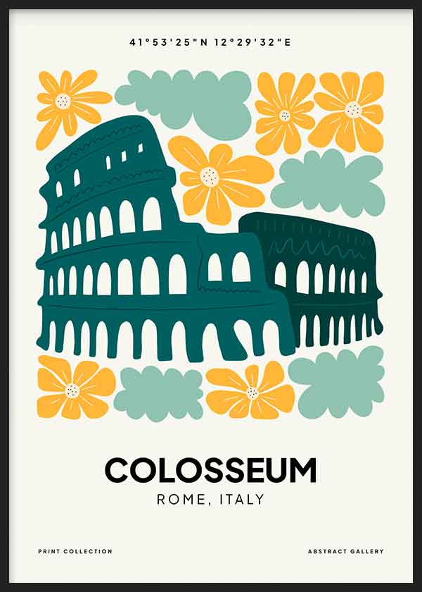 Tableau encadré avec illustration du Colisée de Rome en bleu pétrole, fleurs moutarde, formes organiques vert sauge, fond clair et style illustré moderne. Disponible sur kudeko.com