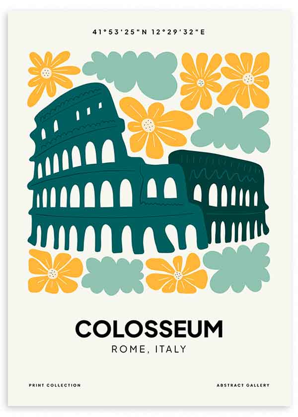 Quadro emoldurado com ilustração do Coliseu de Roma em azul petróleo, flores mostarda, formas orgânicas verde sálvia, fundo claro e estilo de ilustração moderno. Disponível em kudeko.com