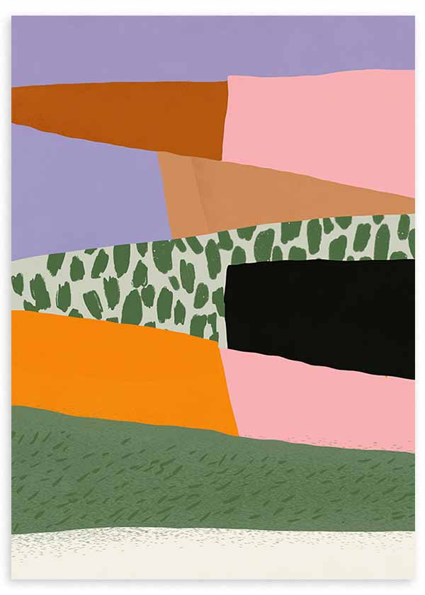 Quadro emoldurado com composição abstrata de blocos irregulares em rosa, lilás, laranja, verde sálvia, bege e preto, com padrão orgânico central e estilo abstrato contemporâneo. Disponível em kudeko.com
