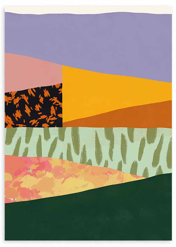 Cuadro de collage abstracto con formas orgánicas en lila, mostaza, verde oscuro, rosa, beige y texturas vegetales en estilo abstracto. Disponible en kudeko.com