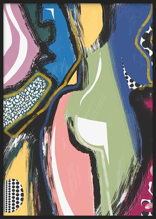Cuadro con composición abstracta de formas orgánicas en azul, verde salvia, rosa, amarillo, blanco y negro, de estilo abstracto. Disponible en kudeko.com
