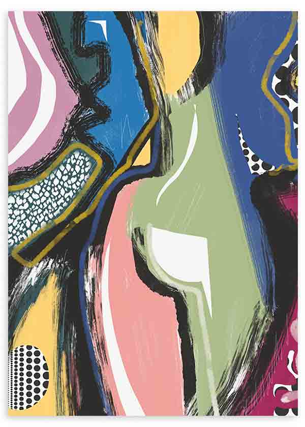 Tableau avec composition abstraite de formes organiques en bleu, vert sauge, rose, jaune, blanc et noir, dans un style abstrait contemporain avec détails graphiques contrastés. Disponible sur kudeko.com