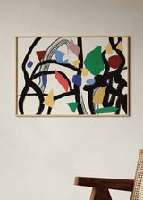 Wandbild farbenfroh und abstrakt mit ausdrucksstarken Formen und vielfältigen Farbtönen für eine moderne Wanddekoration. Erhältlich auf kudeko.com