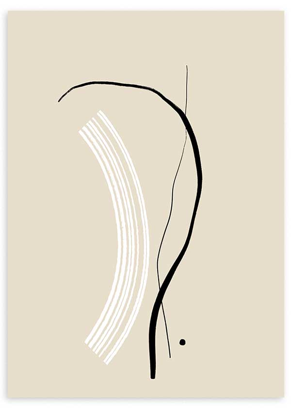 Quadro abstrato emoldurado com linhas curvas pretas, arco de traços brancos, fundo bege suave e estilo contemporâneo depurado para decoração de parede. Disponível em kudeko.com