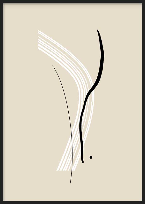 Tableau encadré avec lignes courbes noires et blanches sur fond beige, composition abstraite de formes organiques, contraste doux et style minimaliste contemporain. Disponible sur kudeko.com
