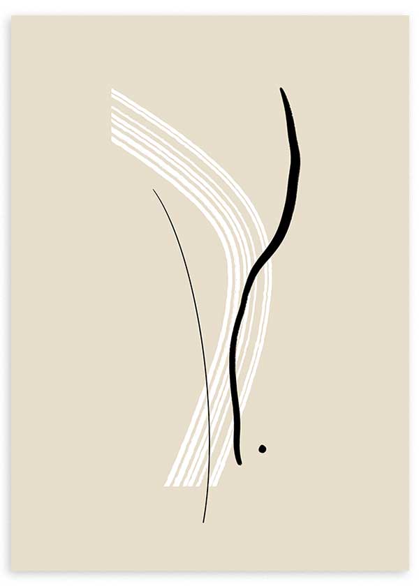 Quadro emoldurado com linhas curvas pretas e brancas sobre fundo bege, composição abstrata de formas orgânicas, contraste suave e estilo minimalista contemporâneo. Disponível em kudeko.com